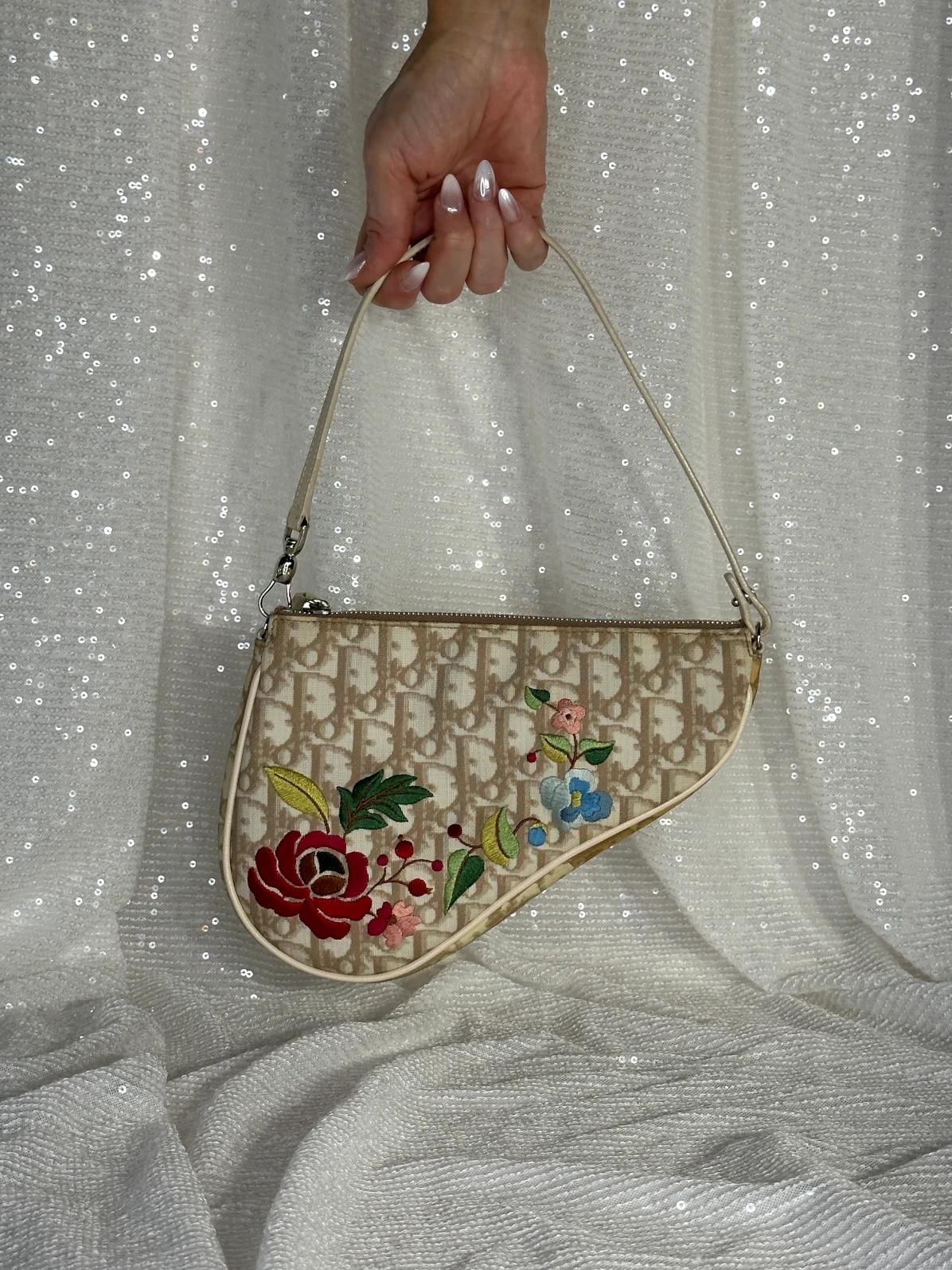 Vintage Dior Floral Embroidered Mini Saddle Bag