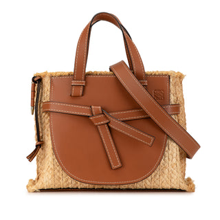 Small Raffia and Leather Gate Top Handle Bag
