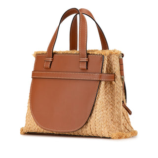 Small Raffia and Leather Gate Top Handle Bag