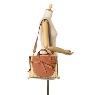 Small Raffia and Leather Gate Top Handle Bag