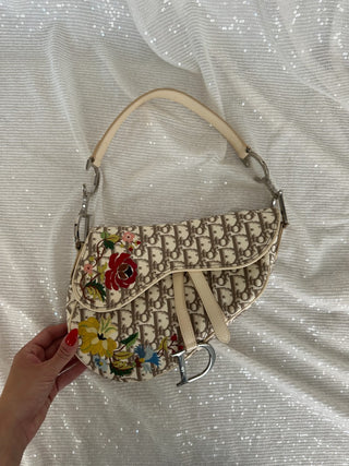 Vintage Dior Monogram Floral Embroidered Saddle Bag