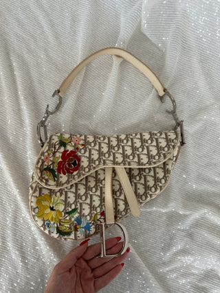 Vintage Dior Monogram Floral Embroidered Saddle Bag
