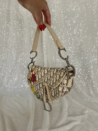 Vintage Dior Monogram Floral Embroidered Saddle Bag