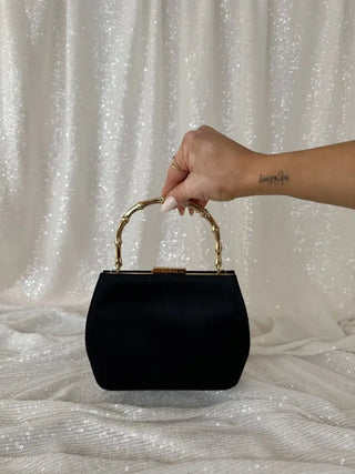 Rare Vintage Gucci Black Satin with Gold Bamboo Handle Bag